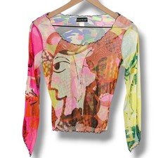 Bebe Vintage Sheer Mesh Graphic Top Medium Abstract Face Whimy Picasso  Y2K 90s picture