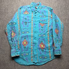 Vintage Wrangler Mens Western Shirt Teal Southwestern Tribal Print X-Long Tails picture
