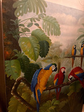 Vintage MCM Tropical Parrots Oil Painting Huge 48x36 Canvas Macaws Jungle Art picture