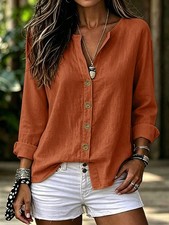 Women's Light Khaki V-Neck Button-Front Long Sleeve Loose Casual Vacation Style picture