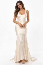 Lulus Love All of Me Champagne Satin Maxi Dress M Low Back Train Gown NWT picture