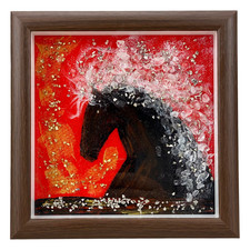 Black Horse Hand Painted Crystal Painting in a Wood Frame Office Decor Wall Art picture