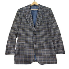 Vintage Sears Men 44XL Travelknit Blazer The Mens Store Blue Brown Plaid 70s USA picture