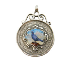 Sterling Silver & Enamel Racing Pigeon Fob Medal Antique 1923 Birmingham picture