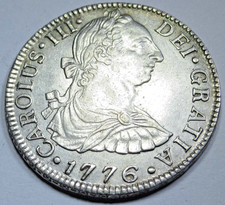 1776 AU-BU Spanish Mexico Silver 2 Reales Genuine Antique US Colonial 2R Coin picture