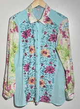 John Mark Hello Sunshine Teal Embroidered Floral Tunic Blouse Sz Med Mixed Media picture