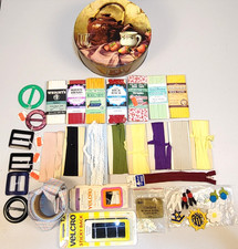 VTG Sewing Kit Craft Supply Notions Trim Buckle Lace Ribbon Tin Box '70s New USA picture