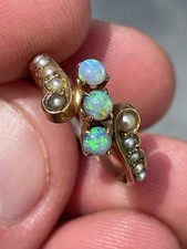 c1900 Antique Victorian 3 Opal Ring Solid Gold Fine Vintage Jewelry Sz 5-1.5G picture