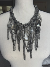 BCBG Silver & Gunmetal Beaded Bib Cluster Chain Statement Necklace Box Bag picture
