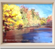 PDQ Original 18x24 Impressionist Autumn River Landscape Painting Signed Canvas picture
