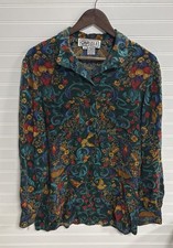 Vintage Carlisle Womens 10 100% Silk Green Floral Bird Print Button Up Blouse picture