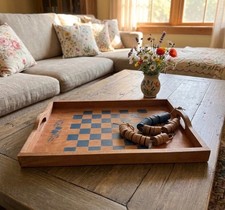Vintage Wooden Checkerboard Serving Tray 17x13 w Game Pieces Rustic Cottagecore picture