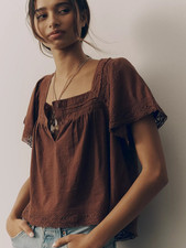 NWT Anthropologie Lace-Trimmed Short-Sleeve Henley Shirt Brown Sz M Cottage Boho picture
