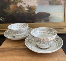 (2) SAMUEL ALCOCK England Blenheim Pattern TEA BOWLS & SAUCERS Antique 1830-1840 picture