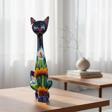 Tall Talavera Cat Statue | Handmade Mexican Sunflower Decor picture