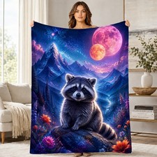 Moonlit Raccoon Mountains Coral Fleece Blanket Wildlife Decor picture