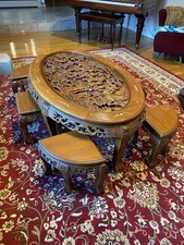 Chinese Carved Wood Oval Coffee Table w/ Matching Stools Brown picture