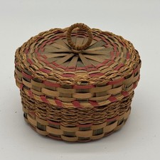 Antique Native American Split Ash Sweetgrass Lidded Trinket Sewing Basket 1920s picture