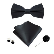 Black Bow Ties for Men Solid Color Pre-tied Adjustable Bowtie Pocket Square and picture