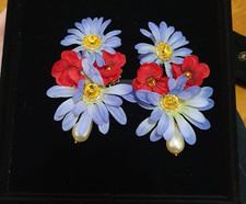 Dolce & Gabbana Daisy Poppy Clip On Earrings Blue Red Silk Flower Faux Pearl picture