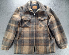 VTG Woolrich Wool Hunting Coat Mens L Brown Plaid Sherpa Lined Chore Barn USA picture