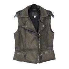 CHELSEA & VIOLET Army Green FAUX LEATHER TRIM Snap ZIP POCKETS Moto Vest Sz S picture