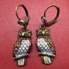 Beautiful Enameled Kirk’s Folly Owl Dangle Earrings Signed picture