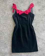 Vintage 80s Black Velvet Wiggle Dress Red Bows Xmas Party Prom Whimsigoth 12 picture