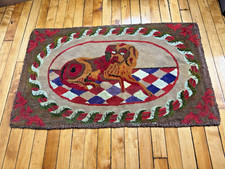 Antique Folk Art Primitive Hooked Rug w/ Reclining Dog picture