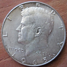 1965-P KENNEDY HALF DOLLAR, 40% SILVER, AU/MS CONDITION, CIRCULATED, NOT CLEANED picture