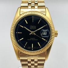 Geneva Men's Dress Watch 35mm Gold Tone Black Dial Date Bubble New Battery 7.75