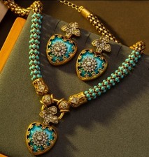 24k Gold Plated Vintage Rhinestone Royal Designs Necklace and Earrings Set picture