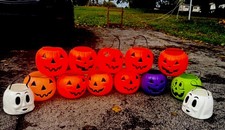13Vintage Blow Mold Plastic Pumpkin & Ghost Yard Buckets/Pails w/ Handles Colors picture
