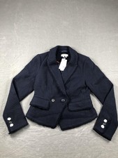 Boden Blazer Womens 8 Navy Tweed Fringe Cropped Short Lined Button Front NWT picture