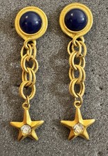 Vintage Gold Tone Blue Cabochon Star Drop Earrings Celestial Rhinestone Dangle picture