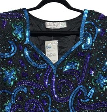 VTG Laurence Kazar NY Silk Top Size XL/1X Beaded Sequin Blouse Colorful Handmade picture