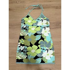 VTG Y2K Old Navy Green Blue Tropical Summer Floral Halter Mini Dress Sz 10 S/M picture