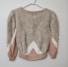 Vintage 80s Fuzzy Knit Puff Sleeve Sweater Beaded Chevron Pastel Coquette picture