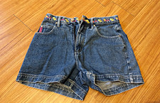 No Excuses Women’s Blue Denim Shorts 9/10 Floral Embroidered Mid Rise picture