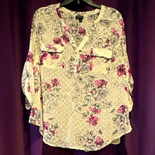 Torrid Women’s 1X Floral Chiffon V-Neck Button Front 3/4 Roll Tab Blouse picture