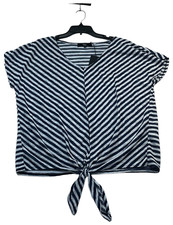 Coin 1804 Blouse Womens Plus size 2X Blue White Striped Vneck Knot Detail New picture