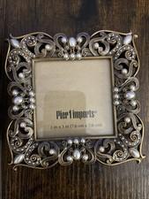 Pier 1 Imports Ornate Gold Scroll Picture Frame Faux Pearl Beaded 3x3 Tabletop picture