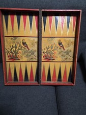 Antique 1800s Happy Hours Folding Checkers Backgammon Game Board Bird Lithograph picture