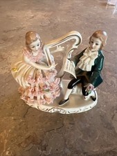 Vintage Dresden lace figurines Music Recital Playing Harp picture
