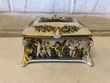Vtg Capodimonte Footed Casket Jewelry Box with Hinge and High Relief Cherub Dec. picture