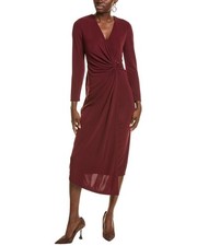 Anne Klein V-Neck Side-Ruched Jersey Midi Dress Women's L Syrah Red Long Sleeve picture