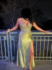 Worn Once Size 8 Green Strapless Satin Prom dress with Beaded Bodice and Slit picture