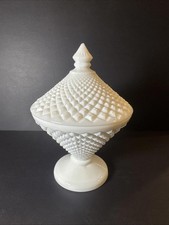 Vintage Westmoreland Milk Glass Diamond Point Covered Candy 7.75” Chip On Tip picture
