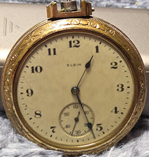 Vintage Elgin Open Face Pocket Watch Art Deco Engraved Gold Filled picture