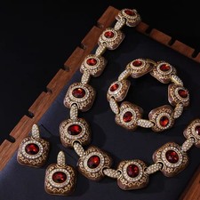 Vintage Garnet Crystal Statement Necklace French Estate Jewelry Set Gold Tone picture